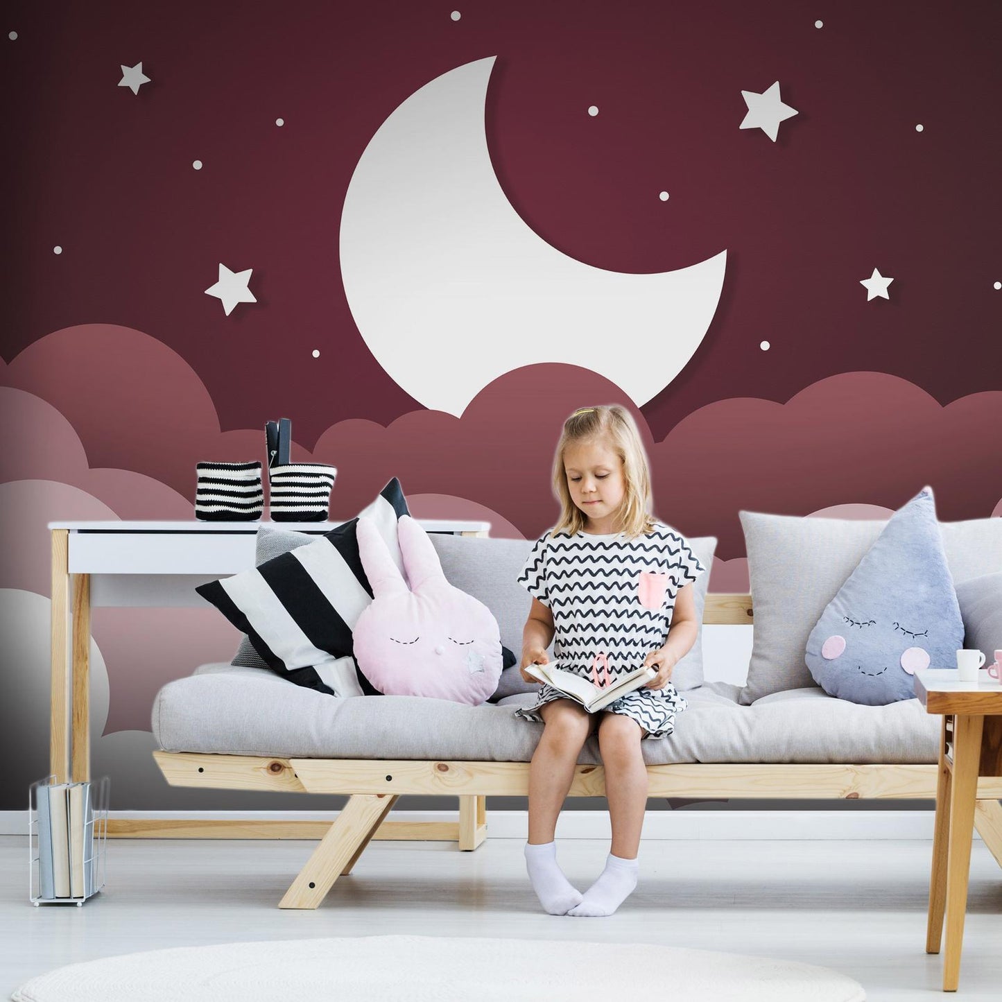 Fotobehang - Moon dream - clouds in a maroon sky with stars for children