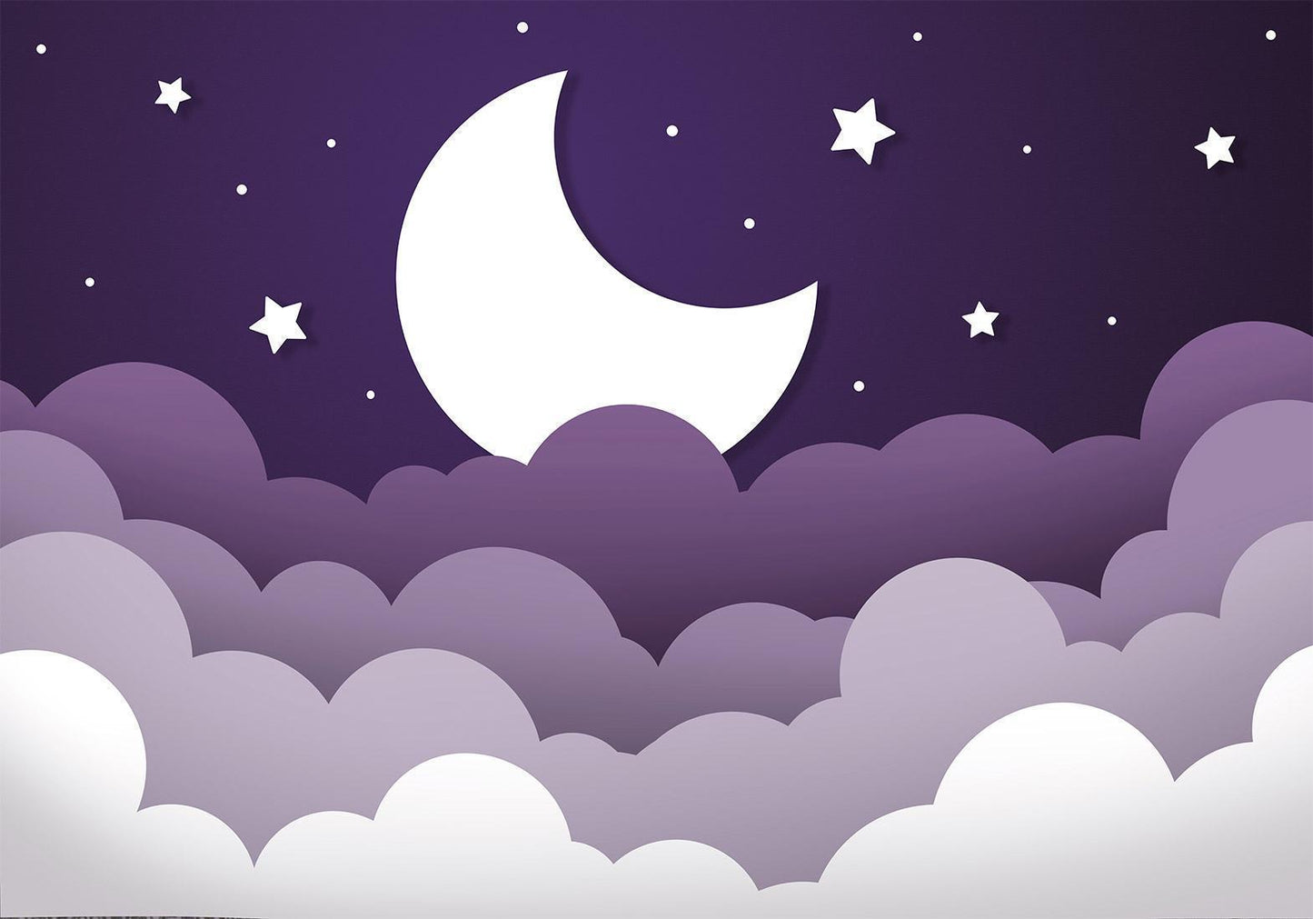 Fotobehang - Moon dream - clouds in a purple sky with stars for children