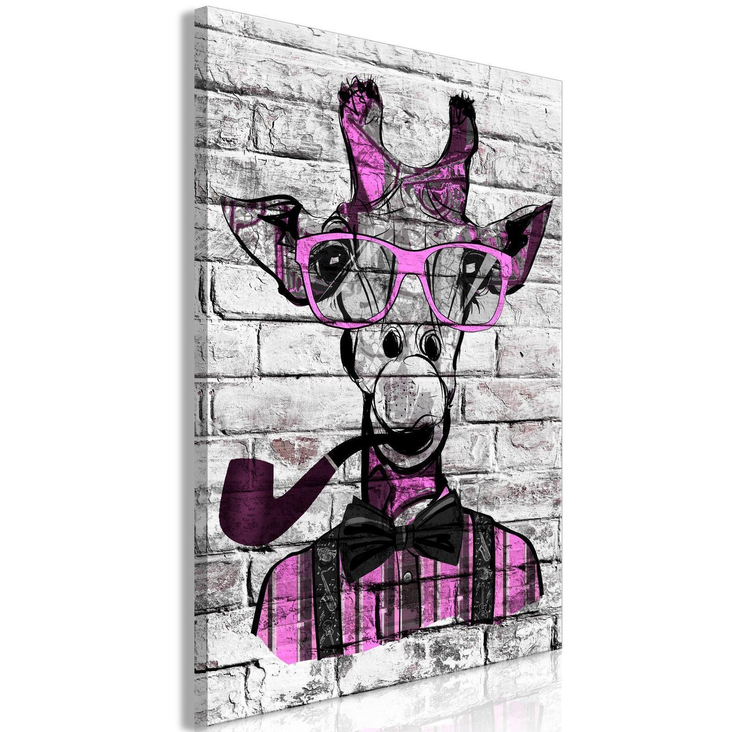 Schilderij - Giraffe with Pipe (1 Part) Vertical Pink
