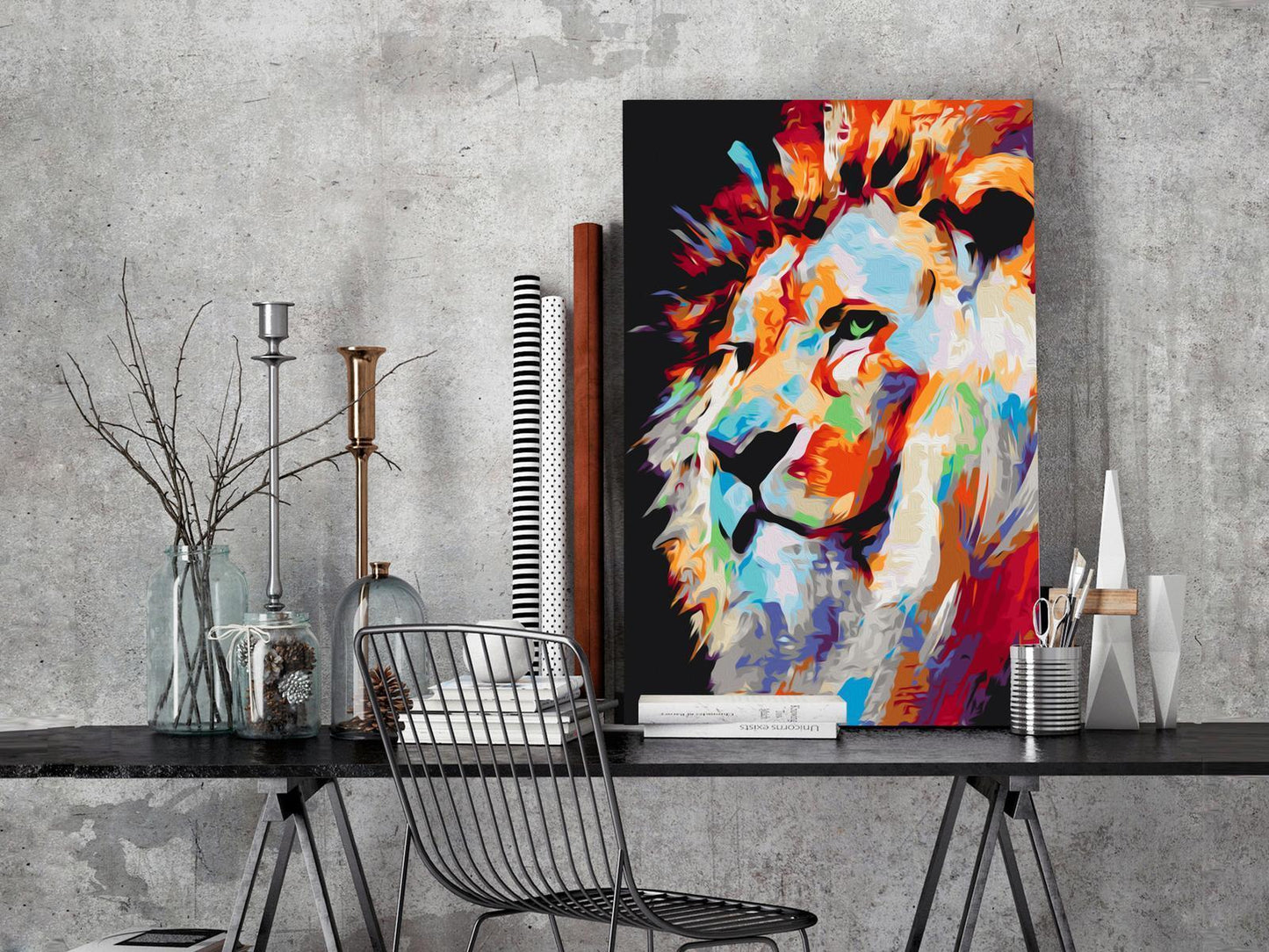 DIY-Gemälde auf Leinwand – Porträt eines bunten Löwen 
