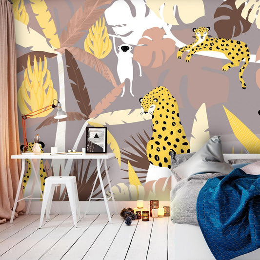 Fotobehang - Cheetahs in the jungle - landscape with exotic animals with palm trees for children