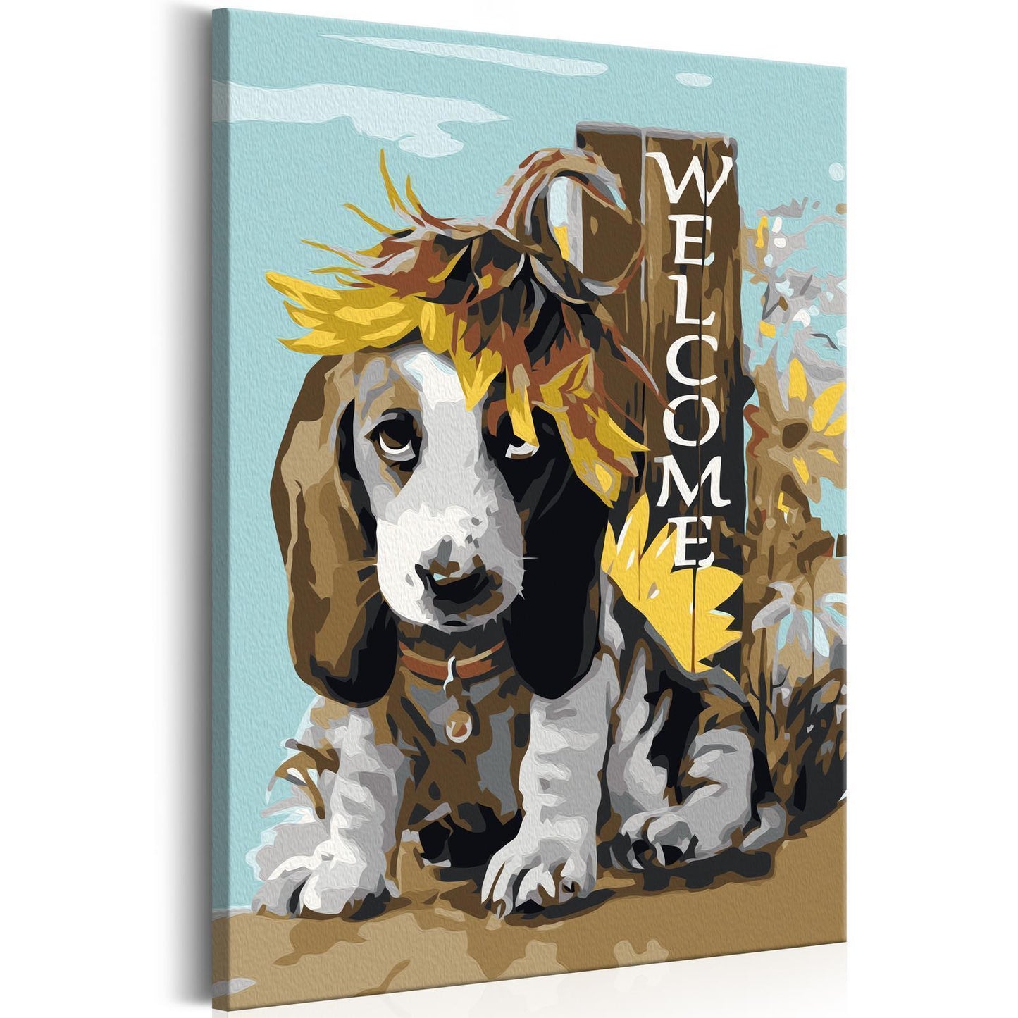 DIY-Leinwandgemälde – Hund und Sonnenblumen 