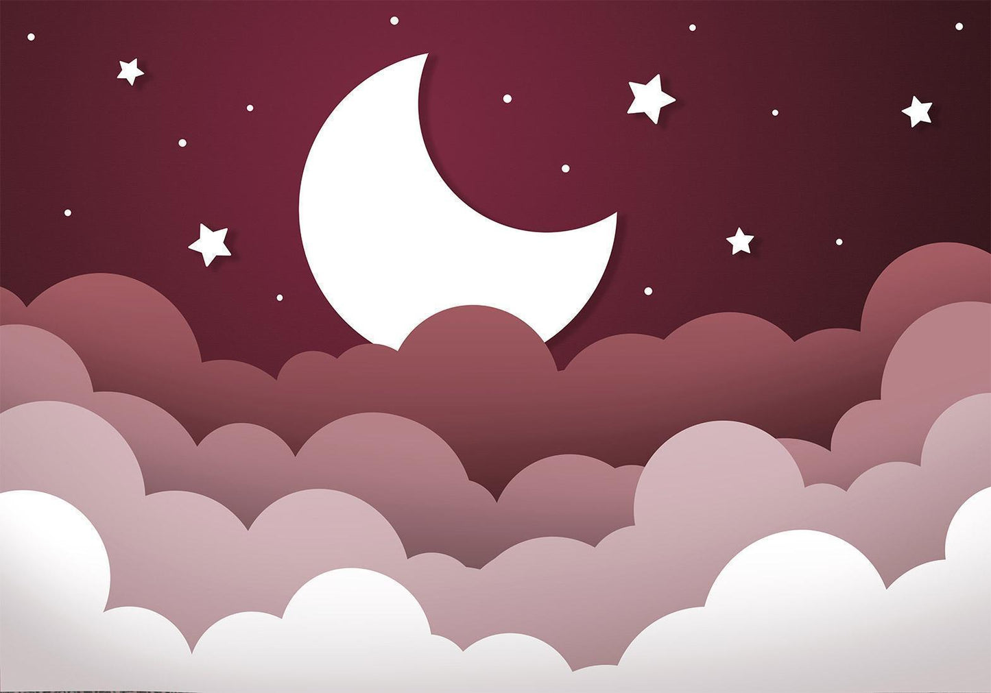 Fotobehang - Moon dream - clouds in a maroon sky with stars for children