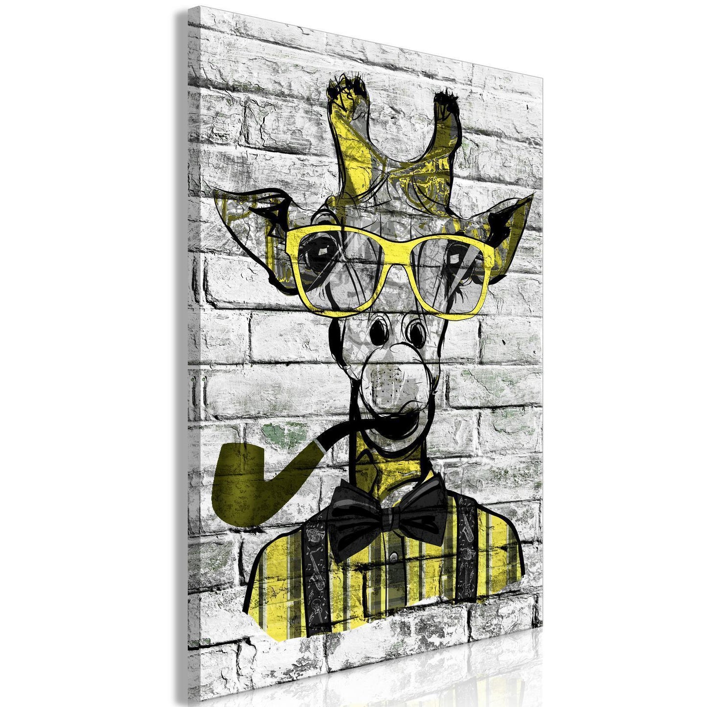 Schilderij - Giraffe with Pipe (1 Part) Vertical Yellow