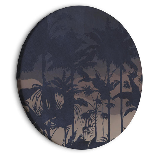 Rond schilderij - Evening in an exotic forest - Tropical greenery under the cover of night against the backdrop of mountainous terrain/Jungle at night