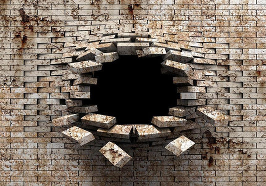 Photo Wallpaper - 3D Wall Entry - Background with Dirty White Brick with a Prominent Hole