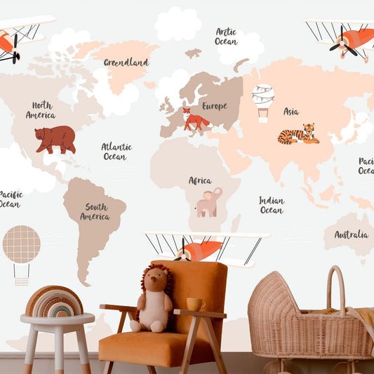 Fotobehang - World Map in Beige Tones for Children's Room
