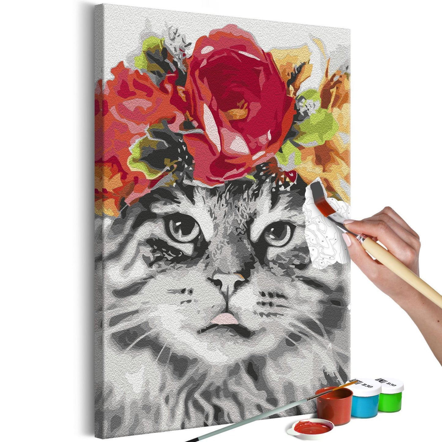 DIY Canvas Painting - Cat With Flowers 
