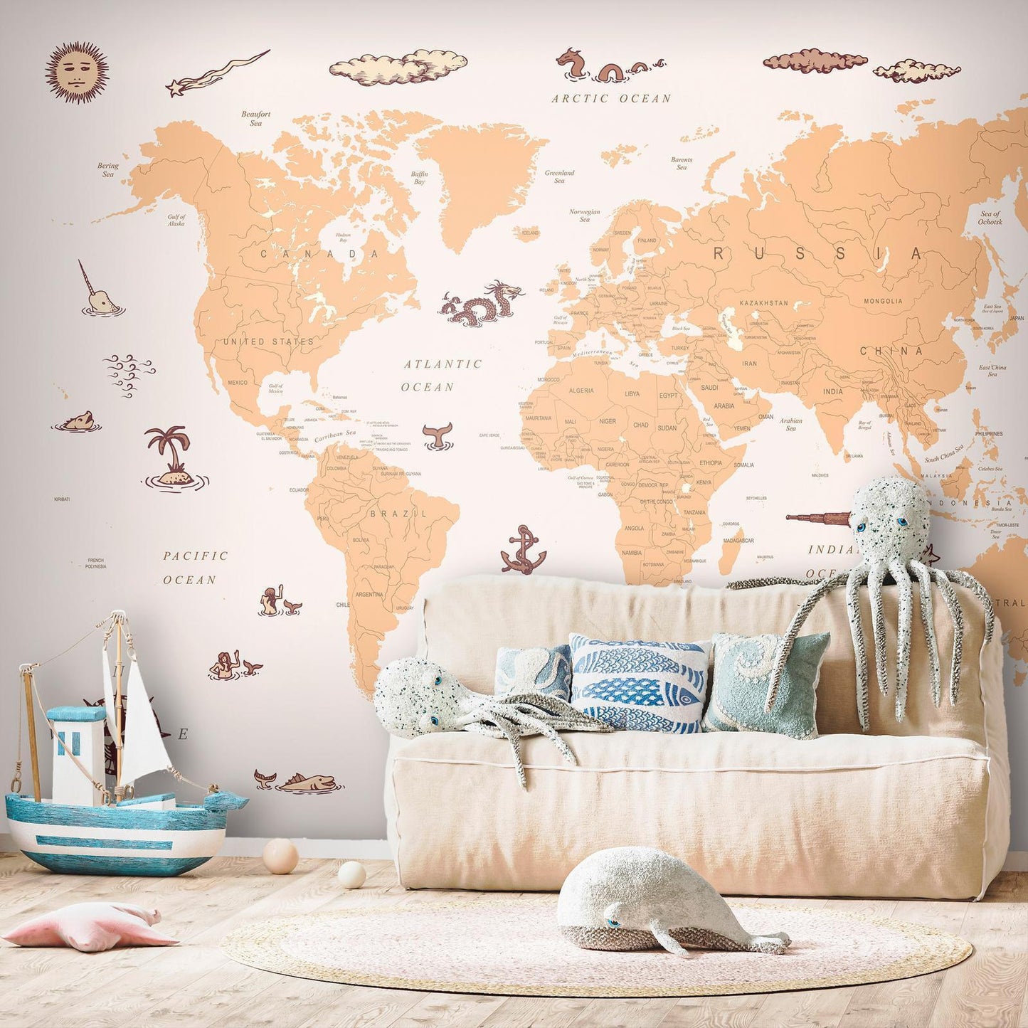 Fotobehang - Sea Wolf Map - Countries With Pirate Illustrations