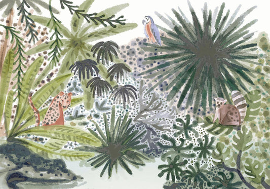 Fotobehang - Flora of Madagascar - Tropical Landscape With Watercolour Animals