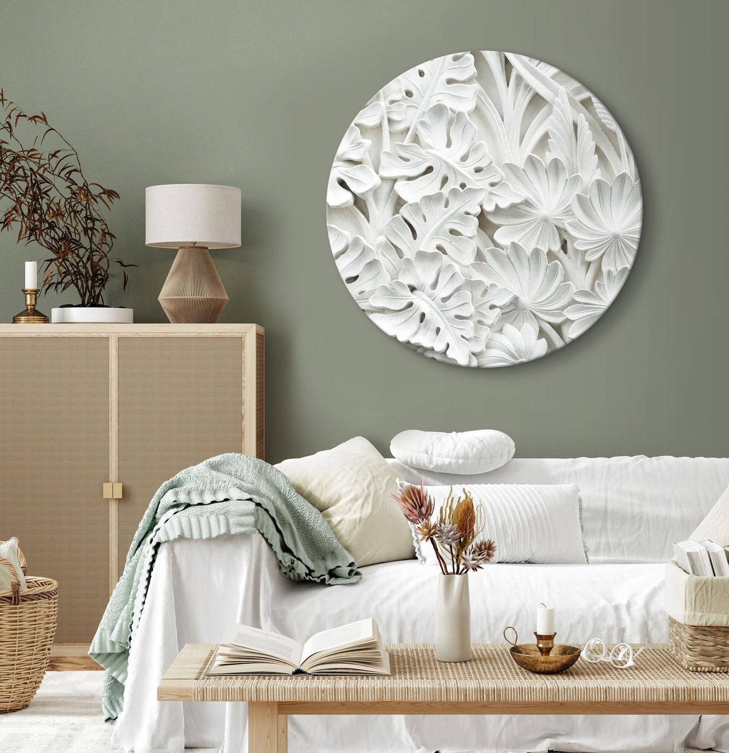 Rond schilderij - Carved Nature - Pattern With White Leaves Made of Stone