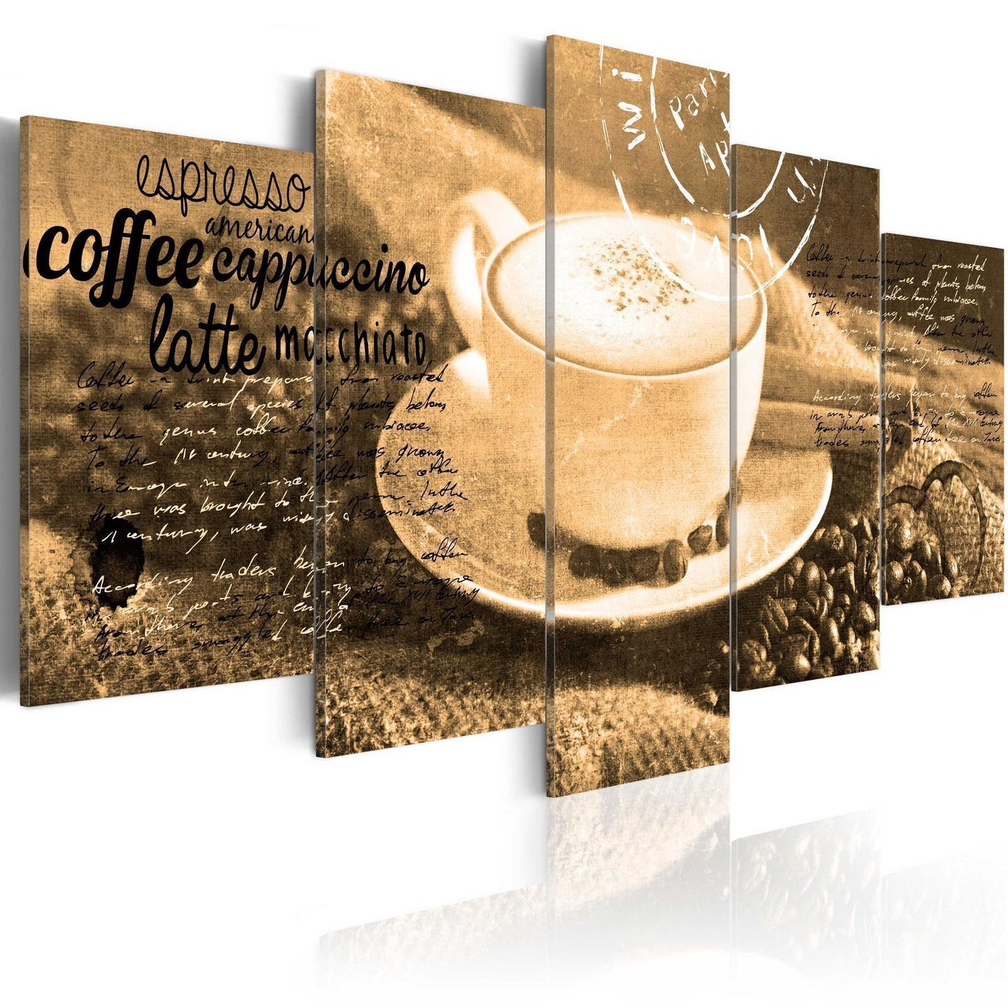 Schilderij - Coffe, Espresso, Cappuccino, Latte machiato - sepia