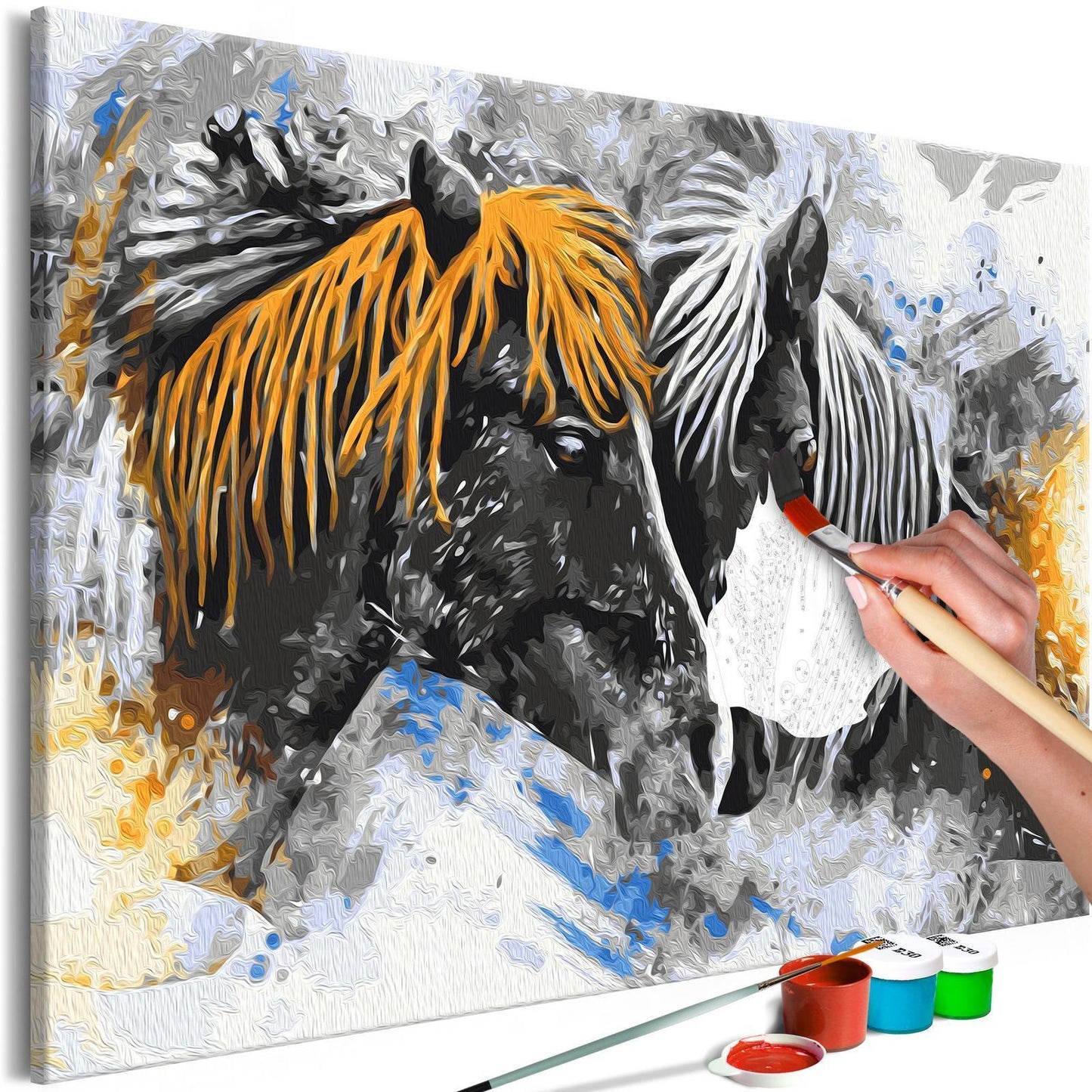 DIY-Leinwandgemälde – Schwarze und gelbe Pferde 
