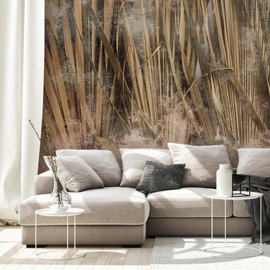 Fotobehang - Dry leaves - landscape of tall grasses in boho style with paint patterns
